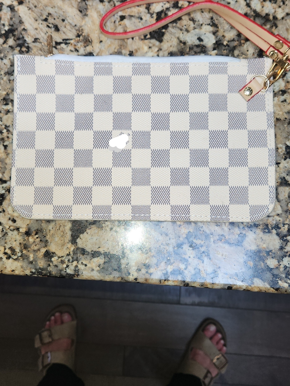 Checkerboard Wristlet Pouch in Light Beige and Gray with Pink Strap
